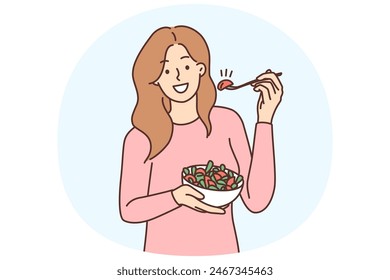 Smiling young woman hold bowl eat vegetable salad. Happy female follow healthy lifestyle enjoy vegetarian meal. Diet and nutrition. Vector illustration.