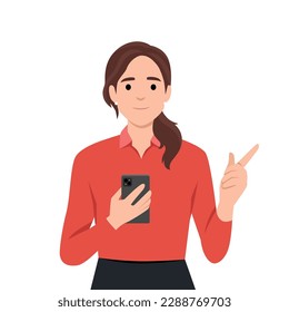 Una joven sonriente sostiene un teléfono celular en la pantalla. Muchacha feliz con smartphone en las manos mostrando con el dedo en la cámara para elegir. Ilustración vectorial plana aislada en fondo blanco