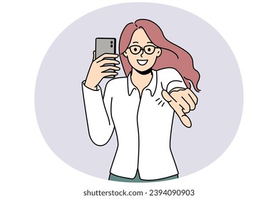 Smiling young woman hold cellphone point at screen. Happy girl with smartphone in hands show with finger at camera make choice. Vector illustration.