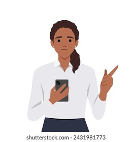 Smiling young woman hold cellphone point at screen. Happy girl with smartphone in hands show with finger at camera make choice. Flat vector illustration isolated on white background