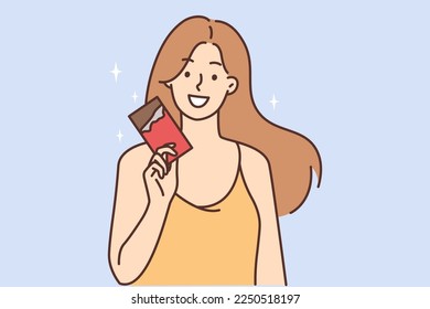 Smiling young woman hold chocolate bar in hands. Happy female enjoy sweet sugar cocoa dessert. Vector illustration. 