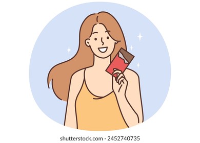 Smiling young woman hold chocolate bar in hands. Happy female enjoy sweet sugar cocoa dessert. Vector illustration.