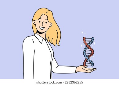 Smiling young woman hold DNA model in hands. Happy female scientist or searcher with DNA spiral. Science and genetics concept. Vector illustration. 