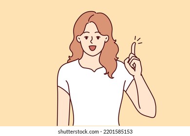 Smiling young woman hold finger up develop good idea. Happy motivated female generate issue solve problem. Vector illustration. 