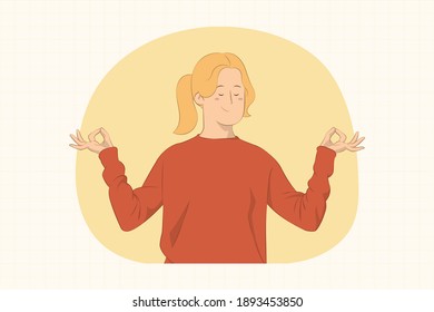 Smiling young woman hold hands in yoga gesture relaxing meditating concept for banner, poster, website, etc.