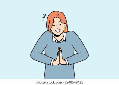 Smiling young woman hold hands in prayer asking for favor. Millennial female beg someone kindness or service. Vector illustration. 