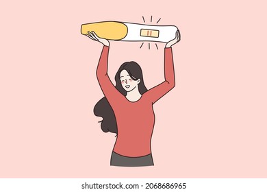 Smiling young woman hold huge pregnancy test excited with future maternity. Happy female overjoyed with being pregnant. IVF treatment, two stripes, fertilization concept. Flat vector illustration. 