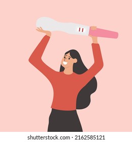 Smiling young woman hold huge pregnancy test excited with future maternity. Happy female overjoyed with being pregnant. IVF treatment, two stripes, fertilization concept. Flat vector illustration.