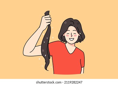 Smiling young woman hold ponytail do hair donation to needy people. Happy female volunteer donate healthy hair for wigs. Flat vector illustration, cartoon character. 