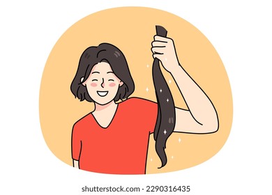 Smiling young woman hold ponytail do hair donation to needy people. Happy female volunteer donate healthy hair for wigs. Flat vector illustration, cartoon character.