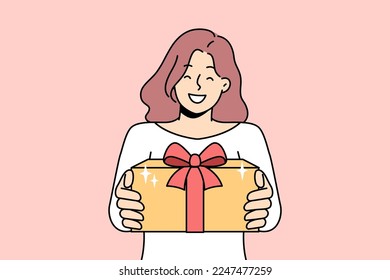 Smiling young woman hold wrapped beautiful present in hands congratulate with Christmas. Happy girl give gift greeting with New Year holidays. Vector illustration. 