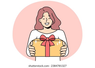 Smiling young woman hold wrapped beautiful present in hands congratulate with Christmas. Happy girl give gift greeting with New Year holidays. Vector illustration.