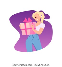 Smiling young woman holding big pink gift box flat style, vector illustration isolated on white background. Decorative design element, holiday and celebration, positive emotions