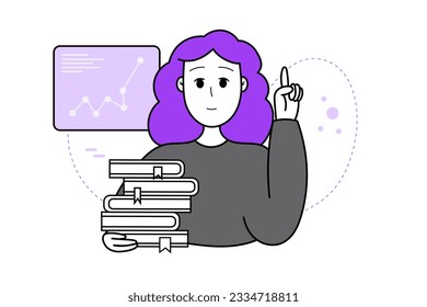 Smiling young woman holding books. Vector illustration concept of online learning courses, self-development, business.