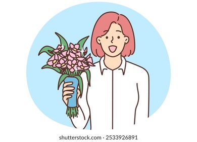 Smiling young woman holding bouquet in hands greeting with birthday or anniversary. Happy female with flowers congratulate with special occasion. Vector illustration.