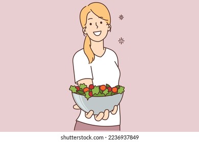 Smiling young woman holding bowl of healthy salad follow vegetarian diet. Happy female offer plate with vege dish. Nutrition and health. Vector illustration. 