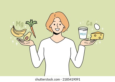 Smiling young woman holding calcium and magnesium products in hands. Happy female follow healthy lifestyle. Diet and nutrition. Vector illustration. 