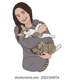 Smiling young woman holding a cat. Cartoon style. Happy girl with her pet. Isolated vector illustration.