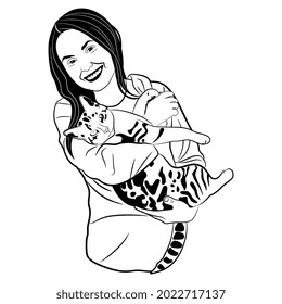 Smiling young woman holding a cat. Cartoon style. Happy girl with her pet. Black and white linear silhouette.