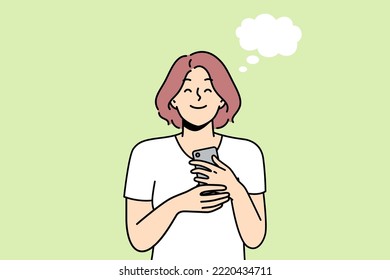 Smiling young woman holding cellphone excited with good message or text. Happy girl with speech bubble above head satisfied with news on smartphone. Vector illustration. 