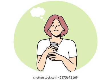 Smiling young woman holding cellphone excited with good message or text. Happy girl with speech bubble above head satisfied with news on smartphone. Vector illustration.