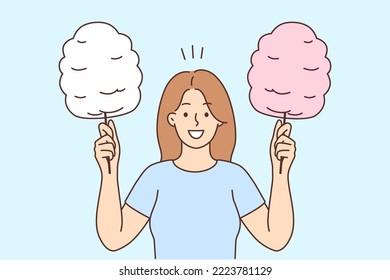 Smiling young woman holding cotton candy on sticks. Happy girl with sweet sugar snack. Delicious park food concept. Vector illustration. 