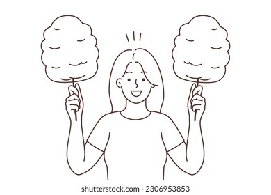 Smiling young woman holding cotton candy on sticks. Happy girl with sweet sugar snack. Delicious park food concept. Vector illustration. 