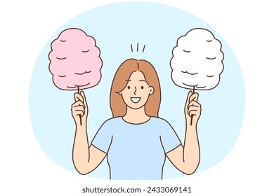 Smiling young woman holding cotton candy on sticks. Happy girl with sweet sugar snack. Delicious park food concept. Vector illustration.