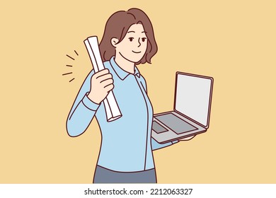 Smiling young woman holding diploma and laptop in hands graduate from university online. Happy female student excited with college graduation remotely. Vector illustration. 