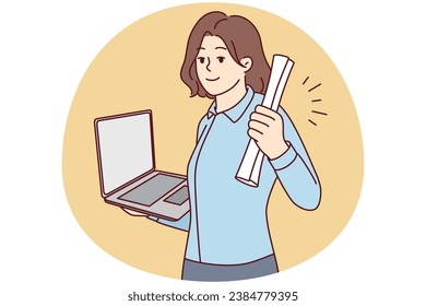 Smiling young woman holding diploma and laptop in hands graduate from university online. Happy female student excited with college graduation remotely. Vector illustration.