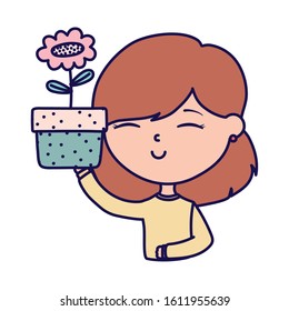 smiling young woman holding flower in pot portrait vector illustration