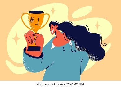 Smiling young woman holding golden prize celebrate win or victory. Happy female winner show gold award feel euphoric. Success and celebration. Vector illustrations. 