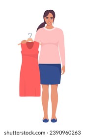 Smiling young woman holding hanger with dress. Choosing clothes concept. Vector illustration in flat style