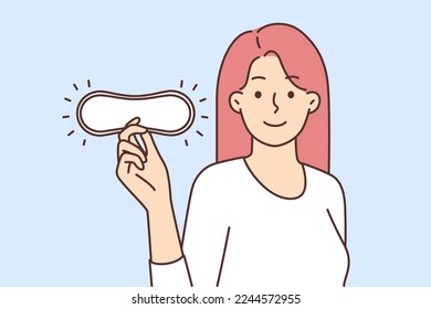 Smiling young woman holding hygienic pad in hands. Happy female recommend beauty product for periods. Menstruation and healthcare. Vector illustration. 