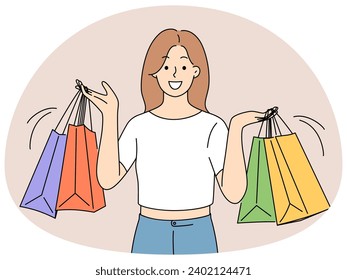 Smiling young woman holding numerous shopping bags with purchases. Happy female shopaholic buying clothes in boutique hold parcels. Vector illustration.