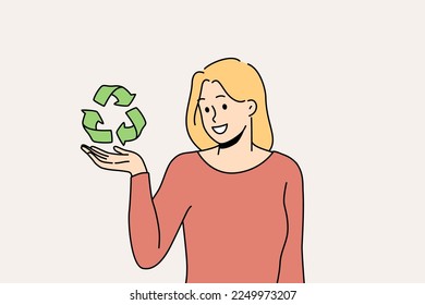 Smiling young woman holding recycle sign in hands care about planet conservation and protection. Happy female activist or volunteer with recycling symbol. Vector illustration. 