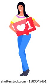 Smiling young woman holding sign board with like heart isolated on white. Girl wearing blue jeans and yellow t-shirt with dark hair posing for photo full length with accessories vector illustration