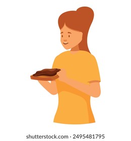 Smiling young woman holding a slice of bread with chocolate spread, enjoying a sweet treat