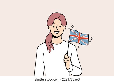 Smiling young woman holding UK flag in hands. Happy female with British national sign. Vector illustration. 