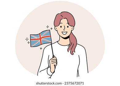 Smiling young woman holding UK flag in hands. Happy female with British national sign. Vector illustration.