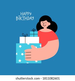 Smiling young woman holds gift boxes flat vector illustration. Hand-drawn postcard with happy birthday lettering phrase. Art for greeting card, web banner, social media, sticker or print.