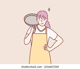 Smiling young woman housewife holding  pan while doing housework. Hand drawn style vector design illustrations.