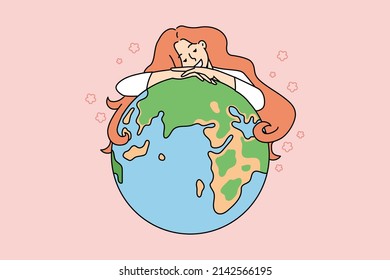 Joven sonriente abrazando el planeta Tierra muestra amor y cariño a la naturaleza. Feliz abrazo de niñas al mundo demostrando protección y seguridad ambiental. Conciencia ecológica. Ilustración vectorial plana. 