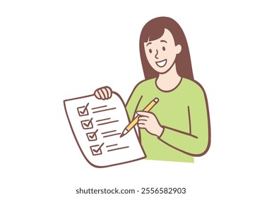 Smiling young woman with huge marker put mark on list in notebook. Happy girl with pen check boxes on paperwork in notepad. Hand drawn style vector design illustrations.