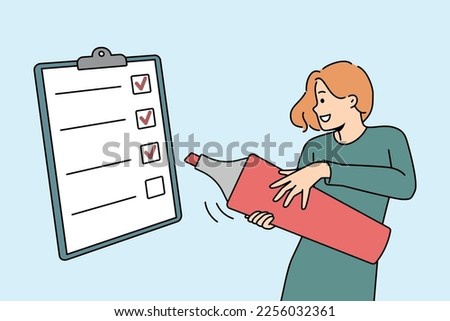 Smiling young woman with huge marker put mark on list in notebook. Happy girl with pen check boxes on paperwork in notepad. Checklist. Vector illustration. 