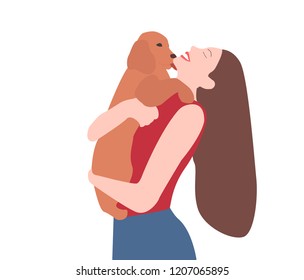 Smiling Young Woman Hugging Her Dog, Illustration For A Pet Store Or Dog Kennel