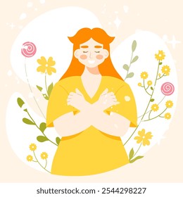 Mujer joven sonriente que se abraza. Ilustración vectorial en estilo plano de dibujos animados. Amate a ti mismo, aceptate a ti mismo y a tu cuerpo como concepto positivo. Fondo floral