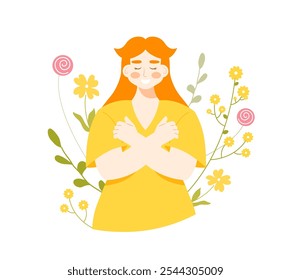 Mujer joven sonriente que se abraza rodeada de flores. Ilustración vectorial aislada sobre fondo blanco. Estilo de dibujos animados planos dibujados a mano. Cuerpo positivo, aceptación de uno mismo, concepto de amor a sí mismo