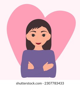 A smiling young woman hugs herself by the shoulders. take care of yourself, accept yourself. vector flat illustration in cartoon style.
