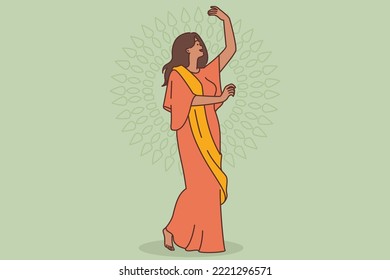 Smiling young woman in indian traditional clothes dancing enjoying festival. Happy ethnic female in dress make moves. Culture and celebration. Vector illustration. 